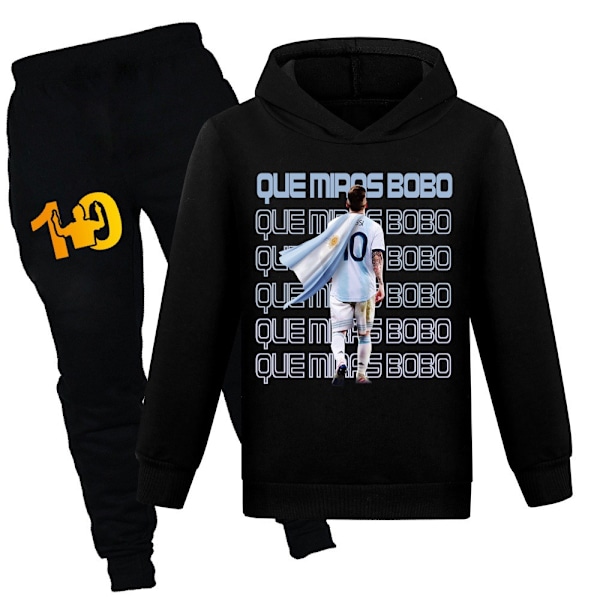 Barn Pojkar Flickor Messi Fotboll Fotboll Hoodies Träningsset Huvtröja Toppar+Byxor Svart Black 130cm