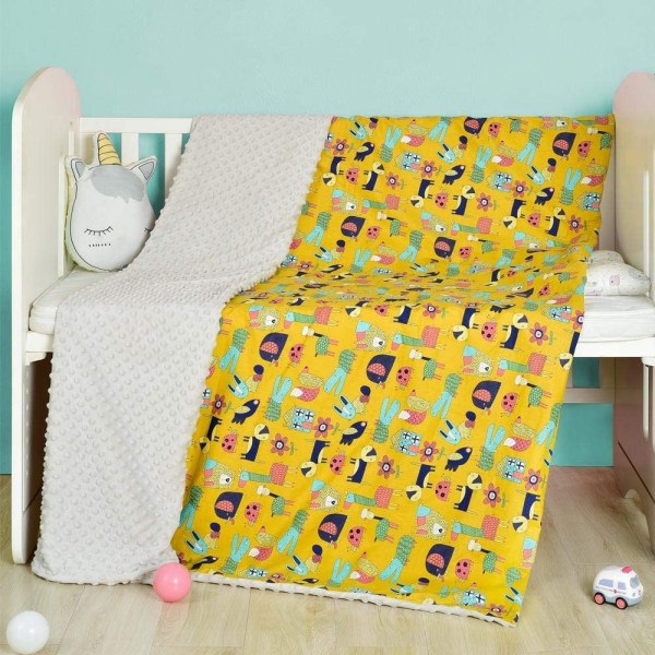 Baby breathable, soft, warm and comfortable coral fleece baby blanket, pure cotton yellow animal city 110*158cm