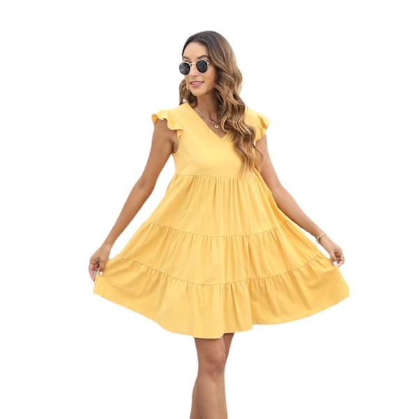 Women's Casual Printed Ruffle Flutter Sleeve Swing Tiered Dress Yellow XL