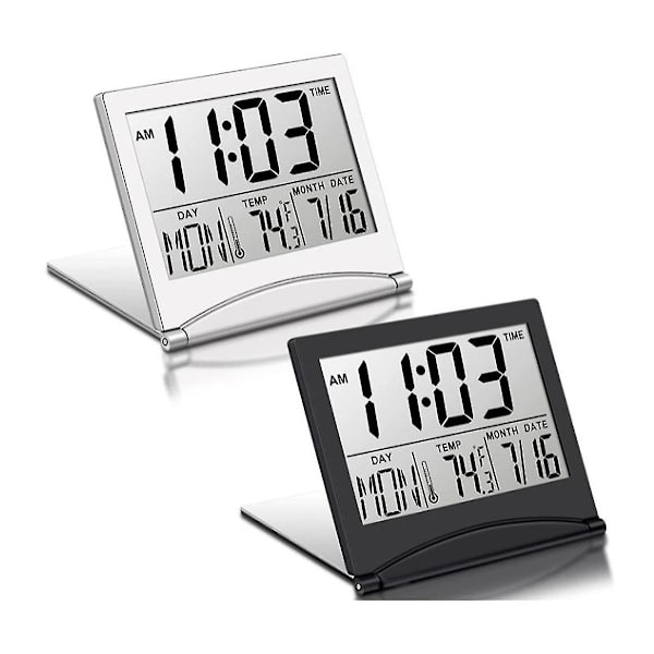 2 st digitala reseväckarklockor hopfällbar LCD-klocka med kalender temperatur snooze-läge portabel, kuolu