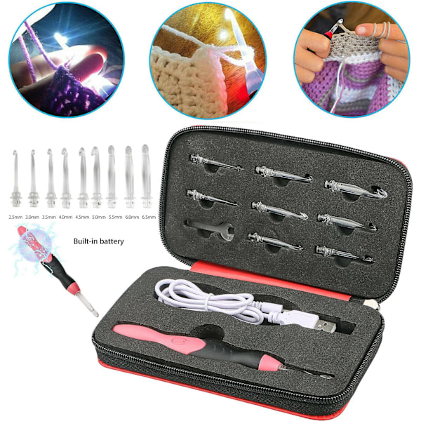 in 1 USB LED Light Up Needles Weave Sewing Tools Set Crochet Hooks Knitting