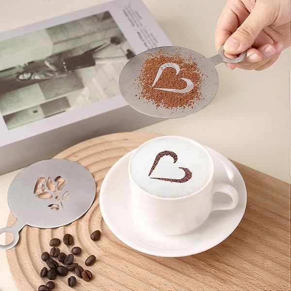Latte Art Stencil i Rustfrit Stål til Kaffe og Cappuccino med Flere Mønsterdesigns