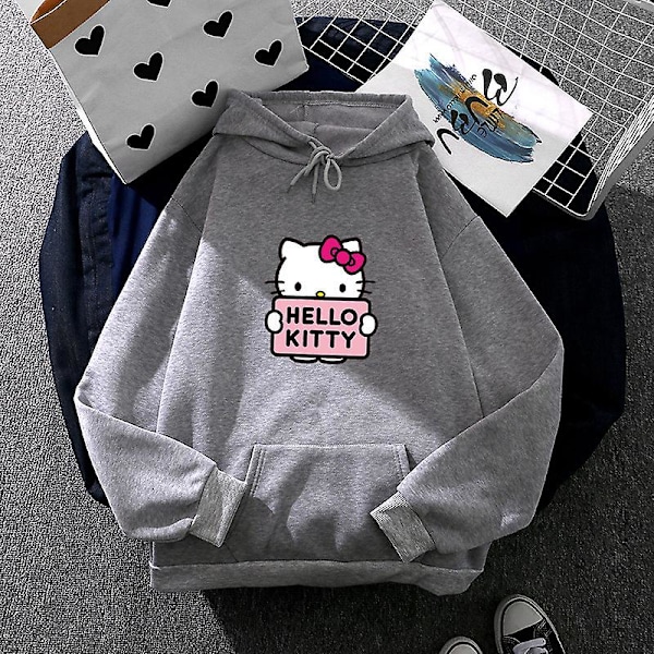 Cartoon Sanrio Hello-kitty Sød Hoodie Til Kvinder Koreanske Piger Mode Sweater Forår Og Efterår Model Tøj Casual Langærmet LL L grey