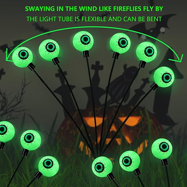 Dazzle Bright Halloween-dekorasjoner utendørs, 2-pakning 12LED solcelle-øyelys, skumle vanntette solcelledrevne grønne ildfluelys for 4pcs