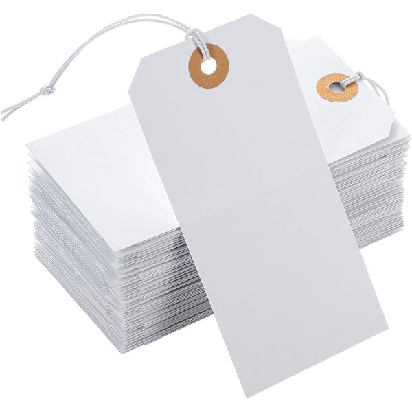 100 st Stora Prislappar med Elastisk Snöre Vita Hängande Pappersetiketter med Snöre Fäst Förstärkt Hål Skrivbar 12,1 cm×6 cm