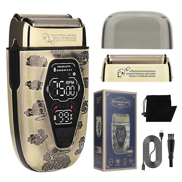 Barbermaskin for menn, for skallet hode, digitalt display, elektrisk frem- og tilbakegående barbermaskin, tre hastigheter, full metallkropp, LCD-strømdisplay, dobbel netting frem- og tilbakegående