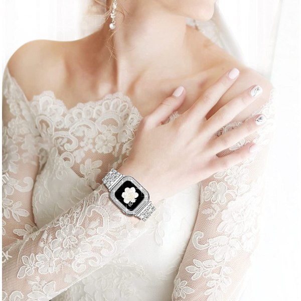 Yhteensopiva Apple Watch -ranneke kotelolla Series iwatch6/5/4/3/2/1, Bling Täysi Timantti Strassi Naiset Tytöt, Hopea (40mm)