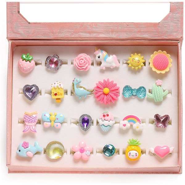 HHL Små flickors smyckesringar i låda, justerbara, ingen dubbletter, flickors låtsaslek och utklädningsringar (24 vackra ringar)