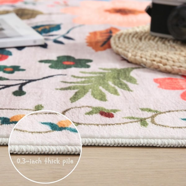 Dørmatte Innendørs Inngang 2x3 Teppe Maskinvaskbar Boho Blomster Lite Område Teppe Sklisikkert Lavt Bunke Kast Tepper for Inngangsparti, Kjøkken, (Beige)