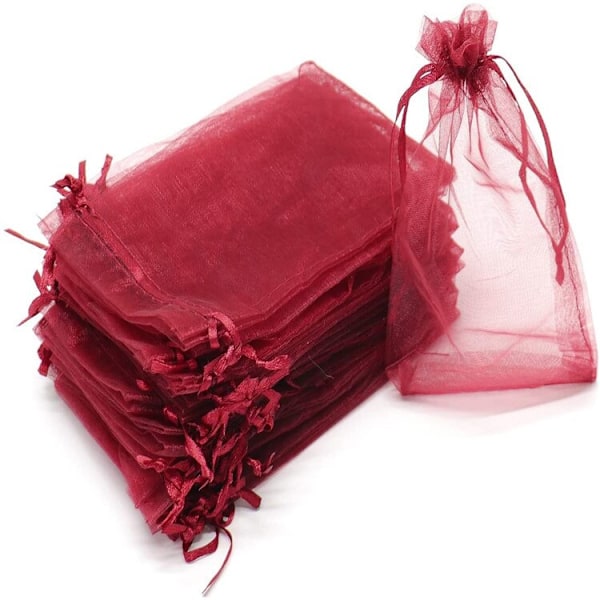 50 kpl Läpinäkyviä Chiffon Organza -pusseja Jouluun, Halloweeniin, Hääjuhliin, Syntymäpäiväjuhliin, Makeisten Lahjapusseja, Korujen Pakkauspusseja, Burgundinpunainen Burgundy 9x12cm