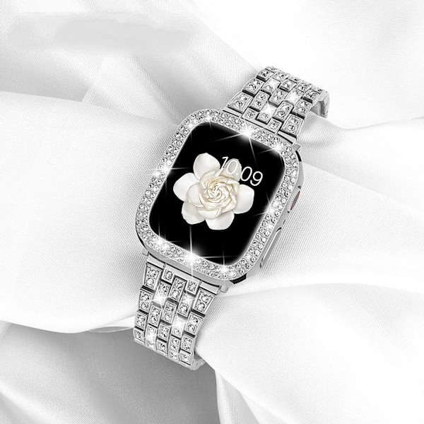 Yhteensopiva Apple Watch -ranneke kotelolla Series iwatch6/5/4/3/2/1, Bling Täysi Timantti Strassi Naiset Tytöt, Hopea (40mm)