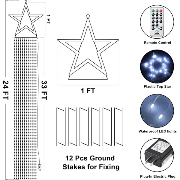 Ulkojoulu tähtivaloköynnös 23FT 860 LED vedenkestävä vesiputousvalo tähtihuipulla, 8 tilaa joulukoristeet ulkokäyttöön joulukuusi