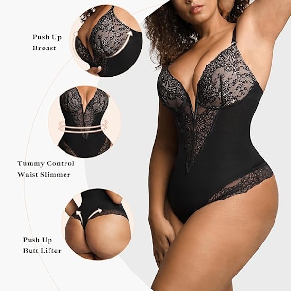 Popilush Lace Shaper Body til kvinder med V-halsudskæring og blonder Sort Sort Black 2XL