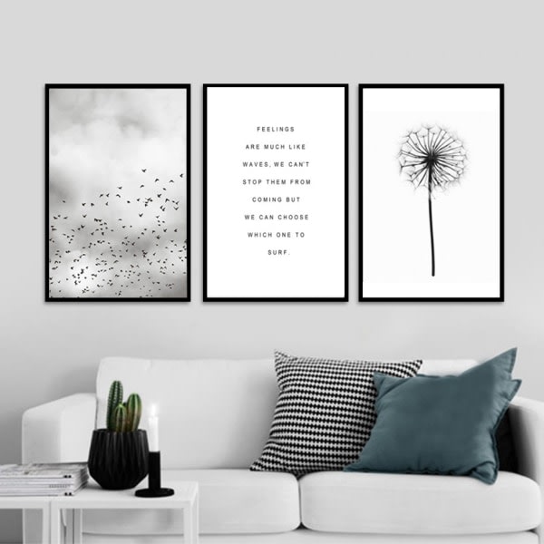 Fåglar och maskrosor Väggkonst Canvas Print Poster, Simple Fashion Svartvit konstteckningsdekor (set med 3 oinramade, 16'x20')