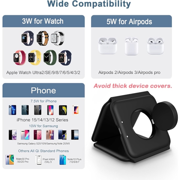 Multi-Apple Enhetsladdningsdocka - 3 i 1 Vikbar Magnetisk Trådlös Laddningsdocka - Reseladdningsplatta (Mörk)