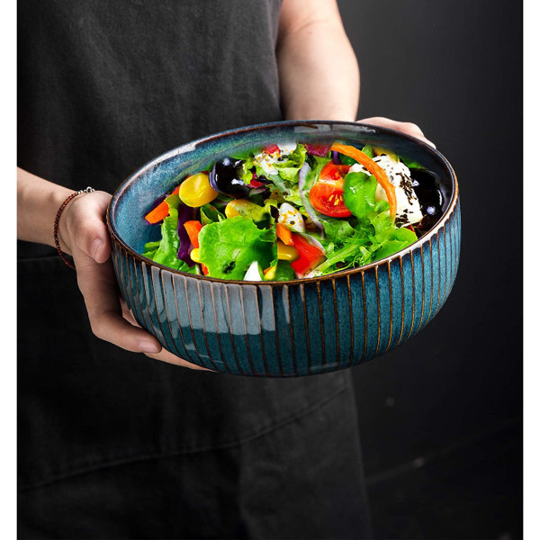 Stor salladsskål, blå handgjord rund soppskål