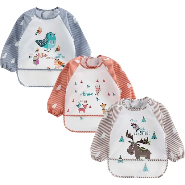 Pack of 3 Long Sleeve Waterproof Bib Play/Painting Feeding Apron