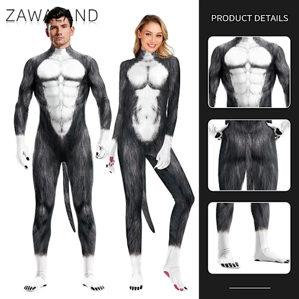 Zawaland Dyre Catsuit Par Snow Wolf Kostume med Hale Gren Lynlås Halloween Party Cosplay Outfit Forklædning Zentai Bodysuit B273-1002 B273-1002 M