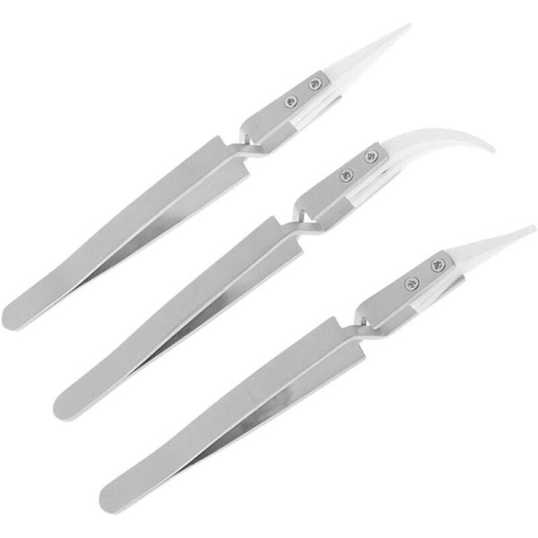 3 kpl Antistaattiset keraamiset pinsetit, pinsetit, käänteiset tarkkuuspinsetit, lämmönkestävät pinsetit (teräskahva, keraaminen kärki), 137 mm