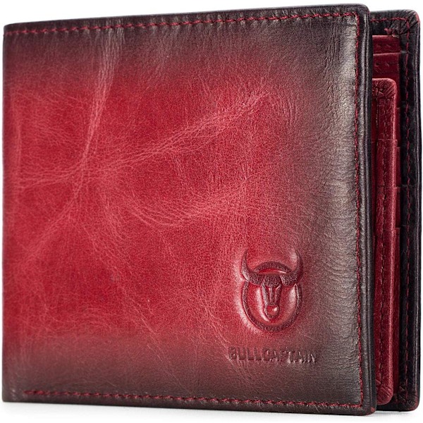 RFID Tegnebøger til Mænd, Slank Bifold Ægte Læder Tegnebog med 2 ID Vinduer QB-05 (Crimson) Crimson