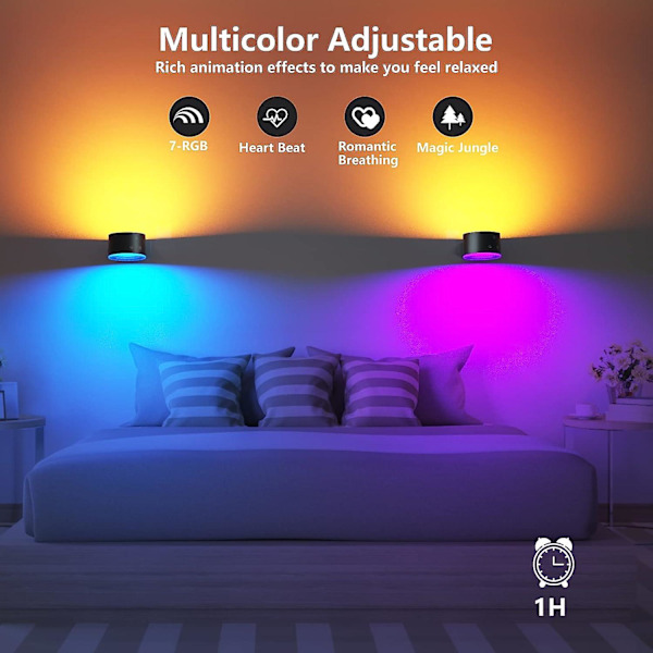 Batteridrevne Væglamper, LED Op Ned Væglampe med Touch & Fjernbetjening, 15 Rgb Atmosfære Varme Hvide Pærer, 4 Dæmpningsniveauer, 360 Graders Rotation, Opladning