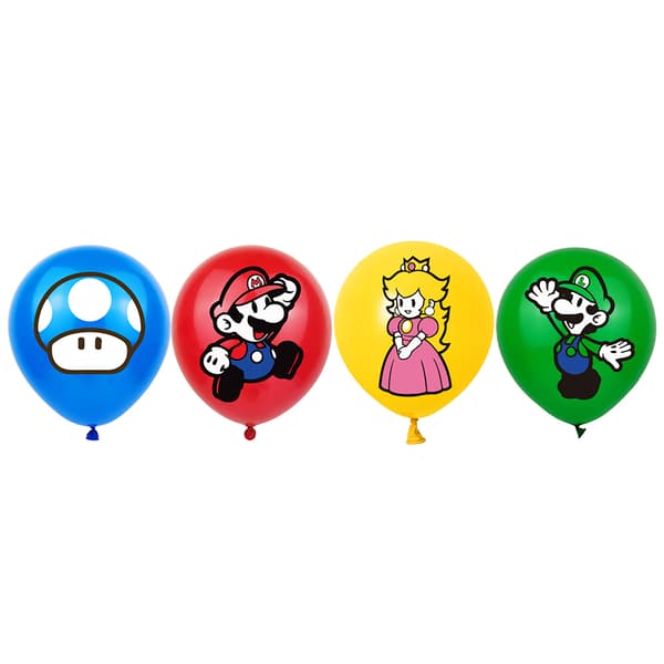 Super Mario bursdagsfestutstyr inkluderer bannerkaketopper