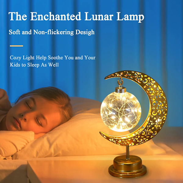 Ramadan bordlampe med halvmåne, skinnende metall, stjernelampe, månelampe, batteridrevet, dekorativ Eid-lampe, nattlys, månelys for bar Moon ball hook