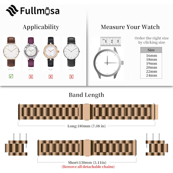 Snabbkopplad metallklockarmband, rostfritt stålklockarmband 14mm 16mm 18mm 19mm 20mm 22mm 24mm Guld och Brun Gold and Brown 18mm (Ver el diagram)