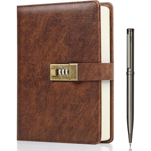 Dagbok med Lås, A5 PU Läder Journal med Lås 240 Sidor, Vintage Lås Journal Lösenordsskyddad Anteckningsbok med Penna & Presentförpackning, 21,8 x 14,7 cm