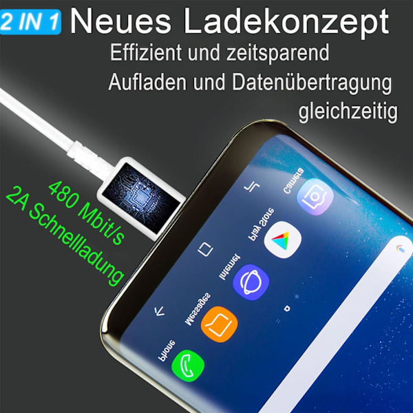 2-pak hurtigoplader, 1,5 m kabel, kompatibel med Samsung Galaxy S22 S21 S20 S8 S10 S9 Plus Note 7 8 9 10 A53 LG, HTC 2-pack/white