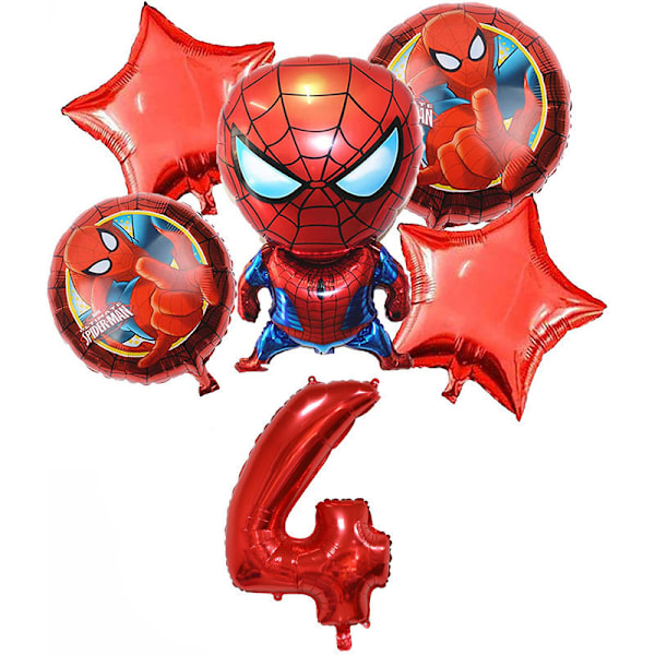 6 stk. Superhelt Spiderman 4-årsdag Dekorasjoner Rødt Nummer 4 Ballong 32 tommer | Spiderman Bursdagsballonger (Spiderman 4-årsdag)