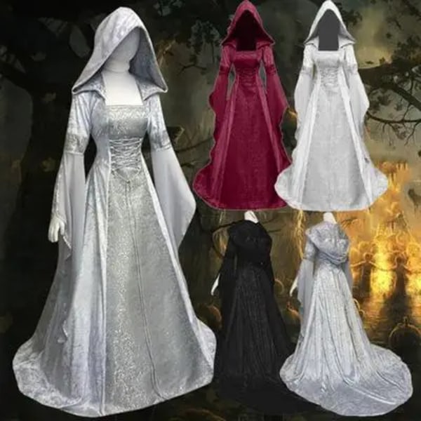 Keskiaikainen retro goottilainen huppari Noita Pitkä hame Luxury Party Dress Naisille Cosplay Vampyyri Halloween Aikuisten puku Valkoinen white L