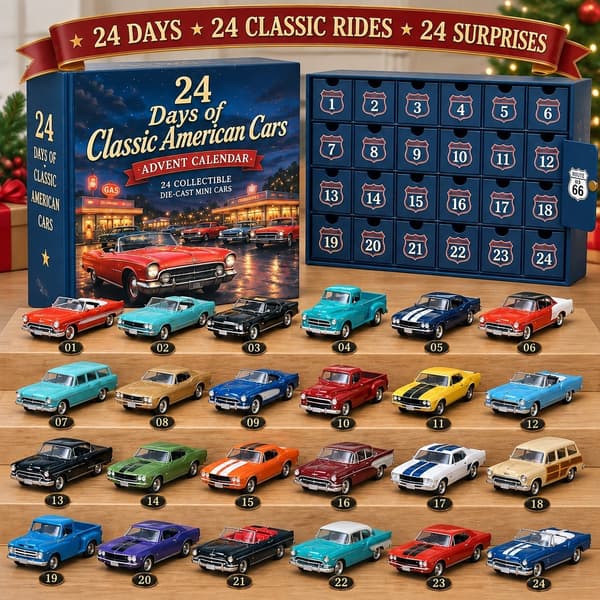Julkalender med gjutna bilar 24 delar, klassisk vintagebilsamling prydnad, julklappsask
