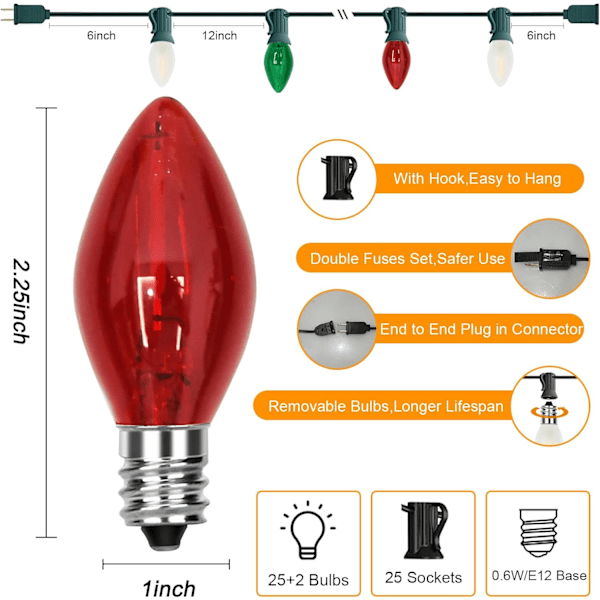 Pallerina C7 LED Julelys 7,6 m Flerfarvet Julelyskæde Clear Red,White,Green