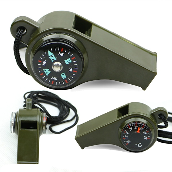 Praktisk 3 i 1 överlevnads visselpipa, kompass, termometer Dark green
