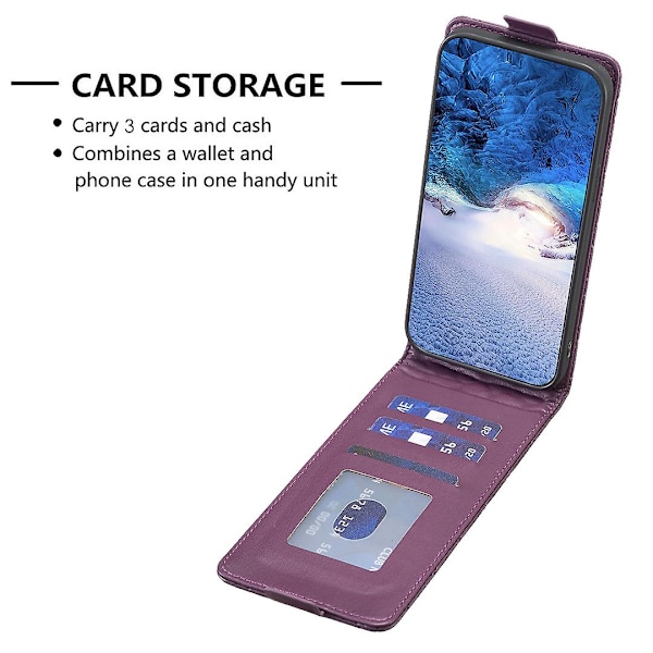 Vertikalt Vändbart Stöttåligt Skal för Iphone 15 PU Läder Präglat Telefonfodral Dark Purple