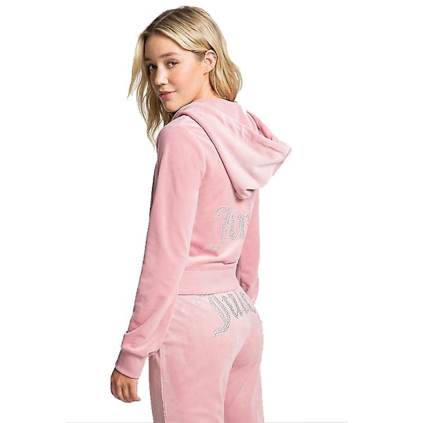 Velor Juicy Stitching Suit Hoodies Velvet Zipper Sweatshirt Och Byxor Set Sportkläder 2023 Kvinnor Vår/Höst Träningsoverall Crop Top Rosa Pink M