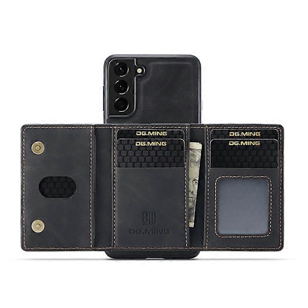 För Samsung Galaxy S22 5G DG.MING M2-serien 3-faldig Multi Card Bag + Magnetiskt Bakstycke Mobiltelefonfodral Black