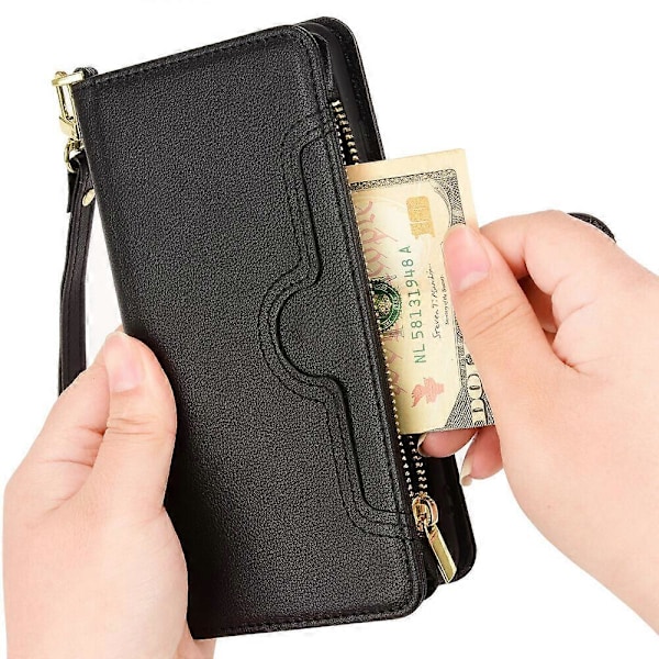 Etui til Motorola Edge 20 Fusion Beskyttelse Lynlås Magnetisk Tegnebog Kortholder PU Læder Flip Etui Sort{GKS} Black A