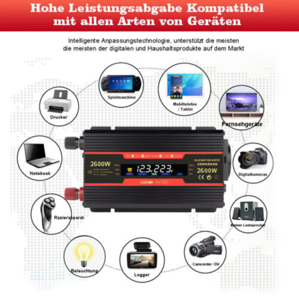 Spenningsomformer 6000/8000W 12V-230V Inverter med 2 USB EU; ren sinus 2 USB spenningsomformer 8000W/4000W inverter 12V 231V inverter