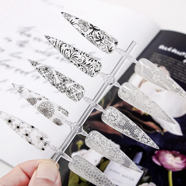 Nail art papper, svart och vitt blommigt nail art transferpapper, 10 st