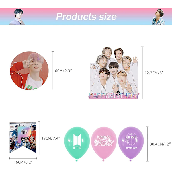 BTS-syntymäpäiväjuhlakoristeet, Kpop-syntymäpäivätarvikkeet Bangtan Boys -faneille sisältävät BTS Hyvää syntymäpäivää -bannerin, kakunkoristeet ja ilmapallot