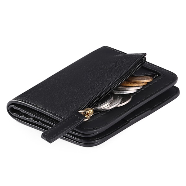 Small Compact Bifold Luxury Genuine Leather Wallet Women's Mini Bag with ID Window (Black)