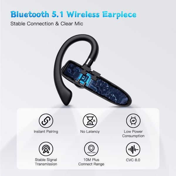 Bluetooth-headset, trådløst headset, mobiltelefon i øret med LED-ladeboks