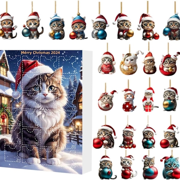 Julekalender for katter 2024, 24 dagers juletelling med søte kattedukker, julepynt