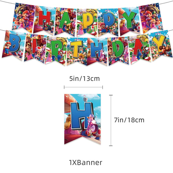 Super Mario bursdagsfestutstyr inkluderer bannerkaketopper