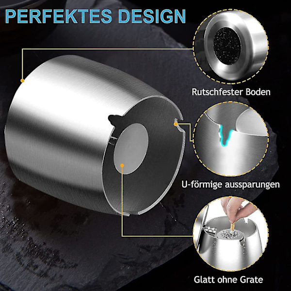 Rostfritt askfat med lock för utomhusbruk Vindtätt askfat med halkfri botten för utomhus- och inomhusbruk Silver Silver M