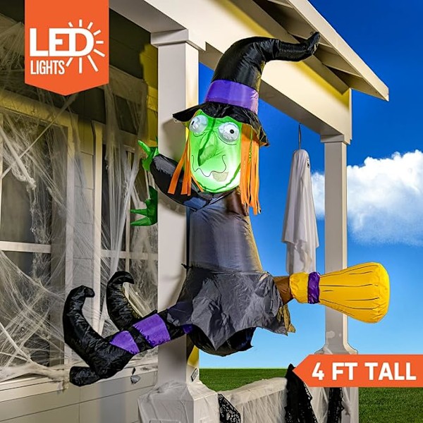 Joiedomi 4 Fods Halloween Oppustelige Udendørs Dekorationer, Halloween Blæseopgaver til Haven, Oppustelig Hexe med Indbyggede LED-lys Halloween Fest