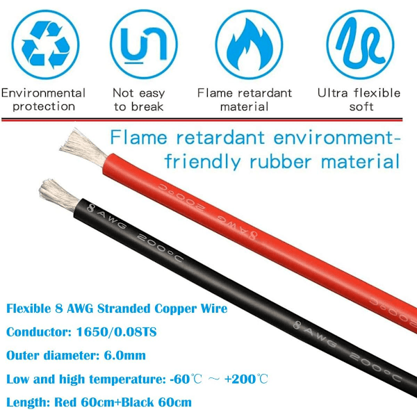 Akun liitin 50A pikaliitin 8AWG sähkökaapelilla (60cm punainen/60cm musta) moottoripyörätrukeille