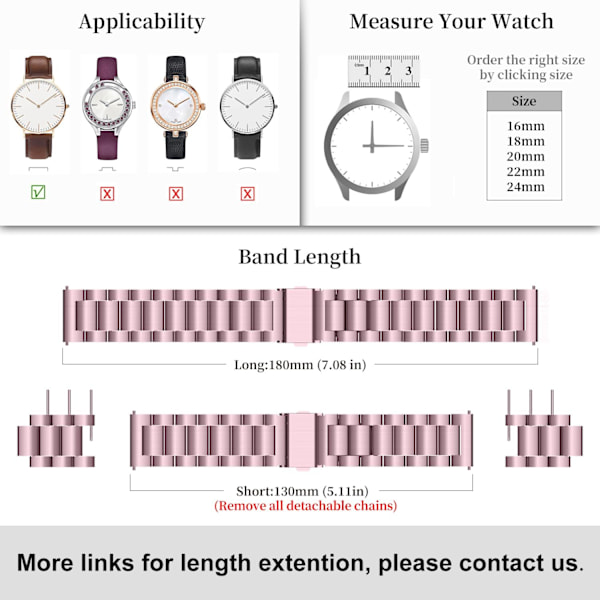 Hurtigkobling metallklokkearmbånd, rustfritt stål klokkearmbånd 14mm 16mm 18mm 19mm 20mm 22mm 24mm Rosa Pink 16mm (Ver el diagram)